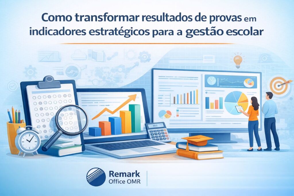 Ilustração sobre como transformar resultados de provas em indicadores estratégicos para a gestão escolar com uso de relatórios e análise de dados educacionais.
