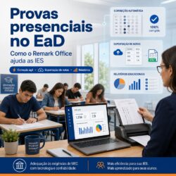 Infográfico mostrando como o Remark Office ajuda IES a corrigir provas presenciais no EaD, exportar notas e gerar relatórios educacionais.