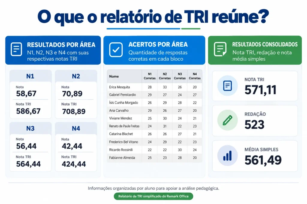 Informações apresentadas no relatório de TRI simplificado do Remark Office por aluno e área.