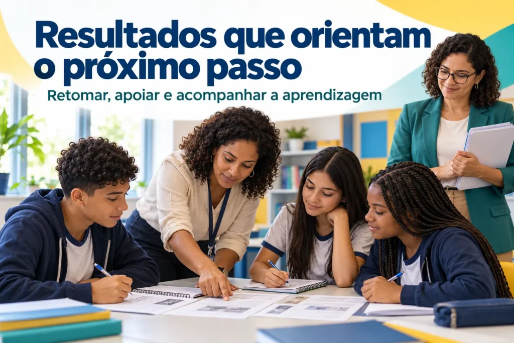 Professora orienta um grupo de alunos em atividades de apoio à aprendizagem, com acompanhamento da coordenação.