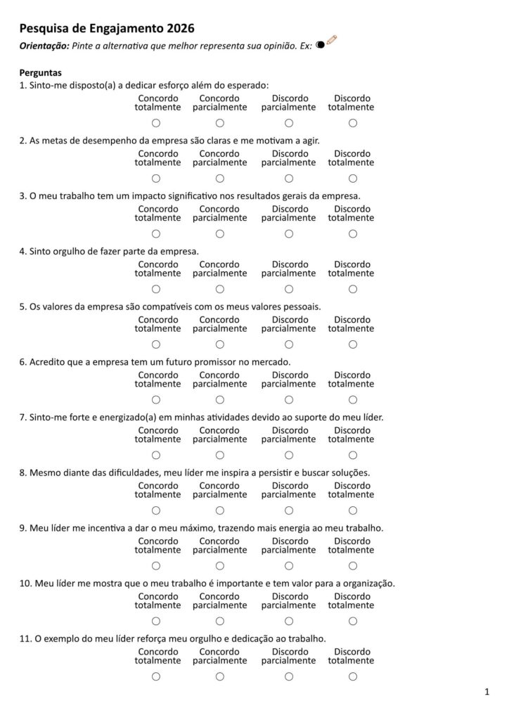 Exemplo de questionário impresso de pesquisa de engajamento, com respostas estruturadas para leitura automática pelo Remark Office OMR.