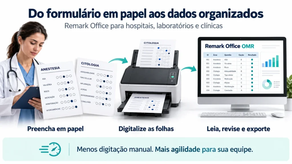 Remark Office automatiza a leitura de formulários de anestesia e citologia, transformando marcações em papel em dados organizados